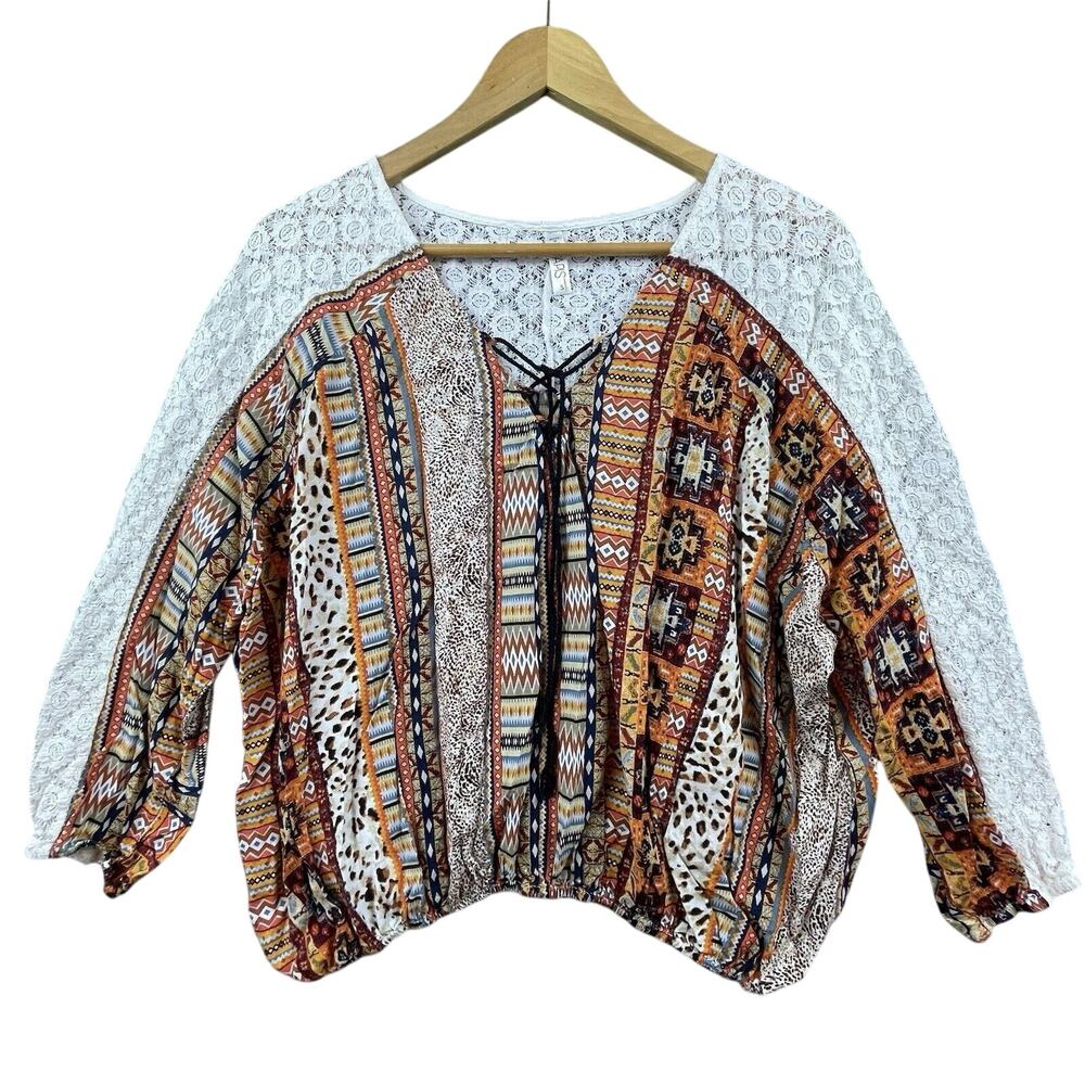 Lapis Blouse Womens Small Boho Cropped Lace Oversized Crochet Lightweight Hippie